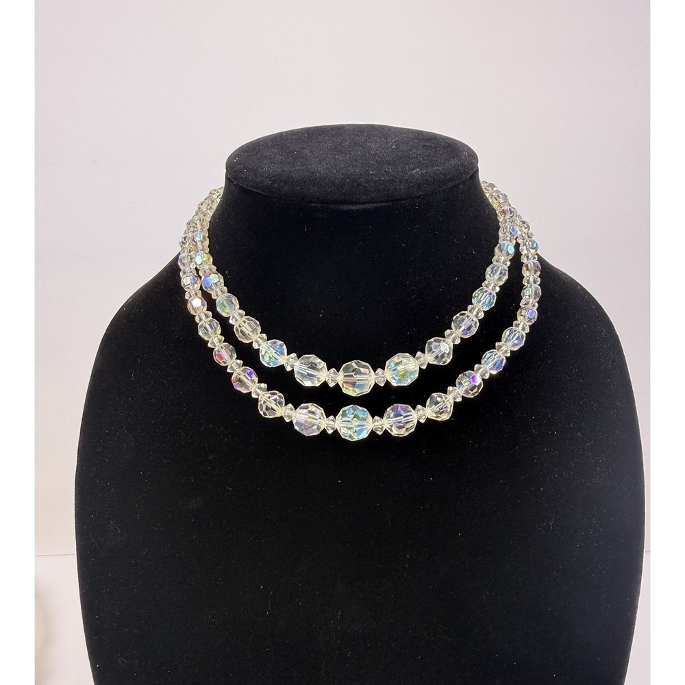 Vintage Aurora Borealis Crystal Necklace‎ Double Strand Faceted Beads Bridal 15"